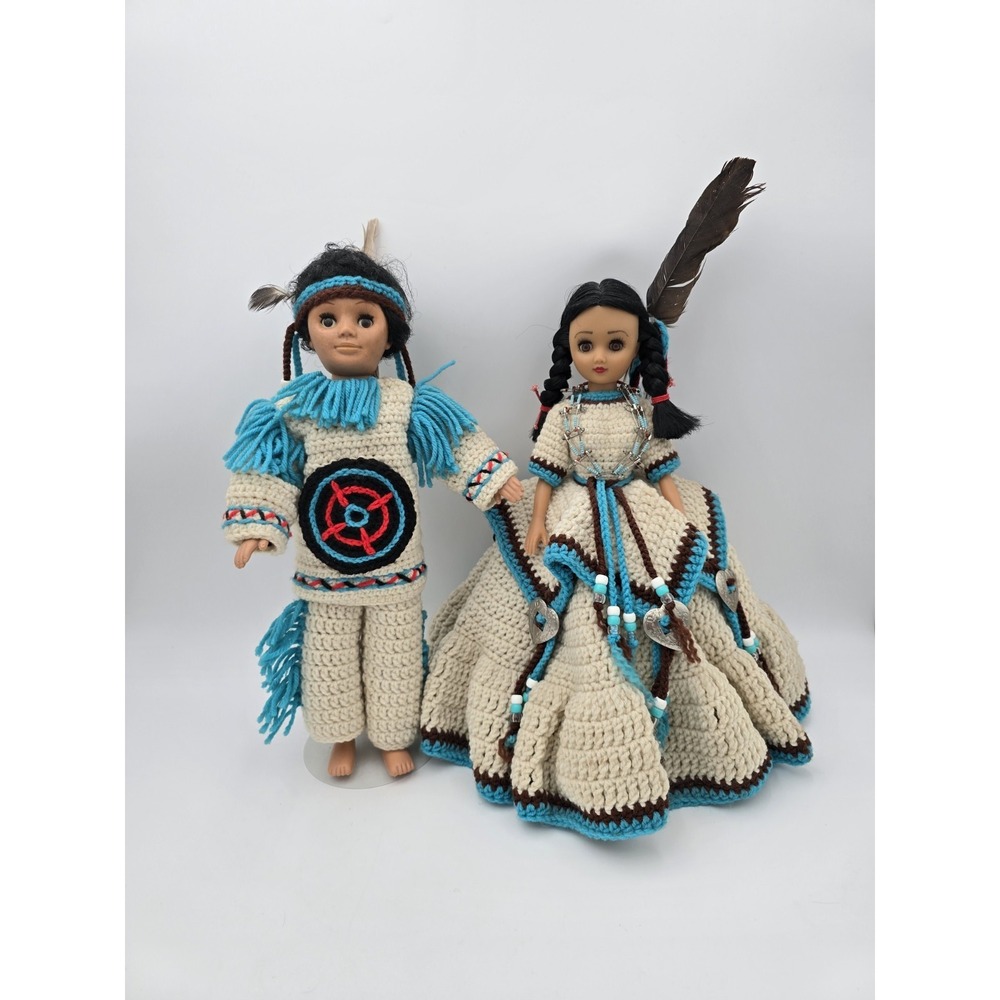 Vintage Native American Doll Couple Pair Crochet‎ Dress Clothes 80s Handmade